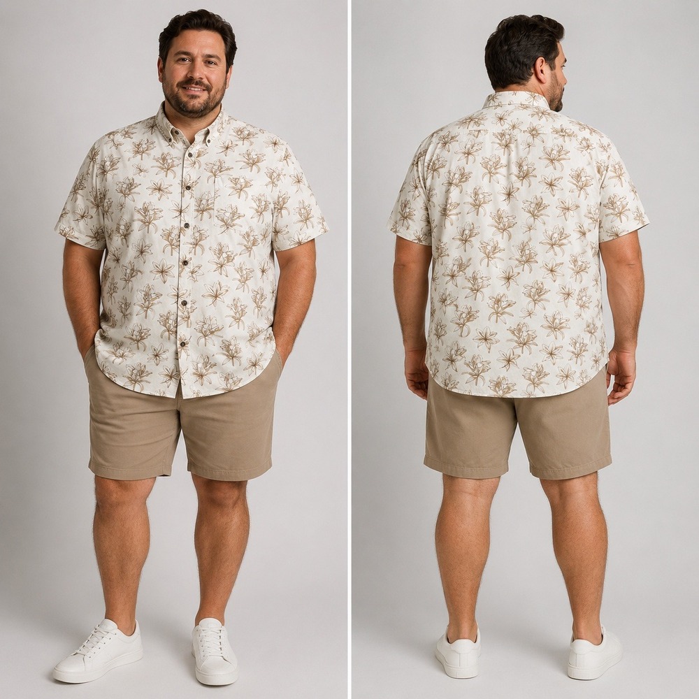 Goodfellow & Co Mens XL Slim Fit Floral Button Down Shirt White Tan Short Sleeve